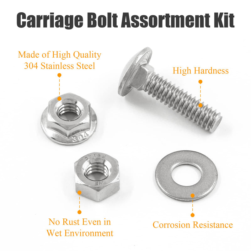 [Australia - AusPower] - 12pcs 1/4-20 x 1" Carriage Bolt Assortment Kit, 304 Stainless Steel Carriage Bolts Round Head Bolts with Flat Washers Hex Nuts Hex Flange Nuts 1/4-20 x 1" 12 