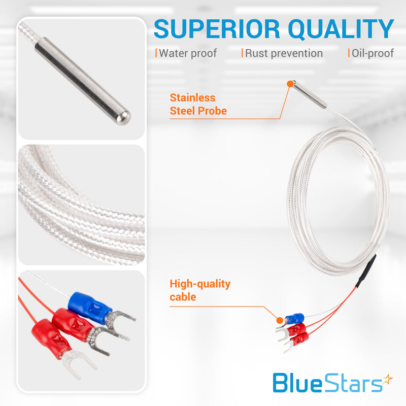[Australia - AusPower] - Waterproof RTD PT100 Temperature Sensor - BlueStars Stainless Steel 3-Wire Digital Thermistor Probe for PID Temperature Controller 4x30mm with 2m/78.74in Cable -50°C to 200°C 
