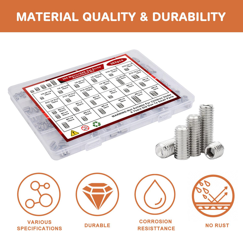 [Australia - AusPower] - 360 Pcs 25 Size Set Screw Assortment Kit Metric & SAE Allen Set Screws for Bathroom Fixture 304 Stainless Steel Internal Hex Drive Cup-Point for Door Knob, Faucets(M3-M8, 1/8"-40 to 5/16"-18) 360 