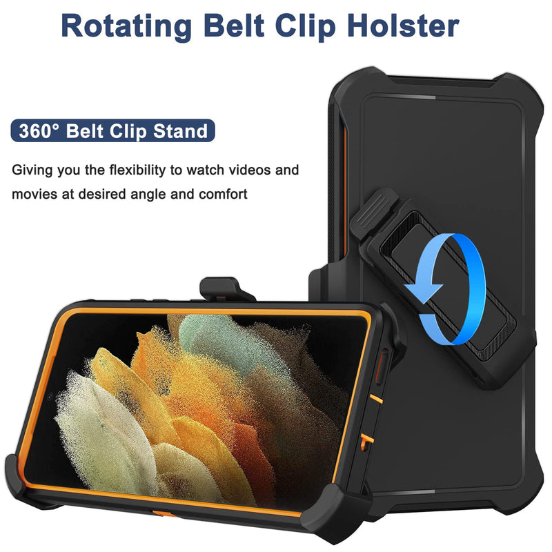 [Australia - AusPower] - for Samsung Galaxy S21 Ultra Case with Belt Clip Holster, 2X Screen Protector, Heavy Duty Full Body Shockproof Drop-Proof Rugged Protective Cover for Samsung Galaxy S21 Ultra 5G 6.8 inch (Orange) Orange 