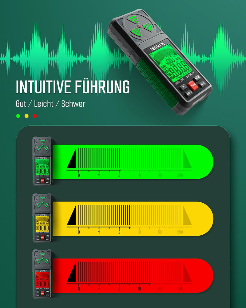 TESMEN HOUND-200 EMF Meter, 3-in-1 Portable Electromagnetic Field Radiation Detector for EF RF MF, WiFi Signal, Used in Home and Outdoor EMF Inspection and Ghost Hunting - Green