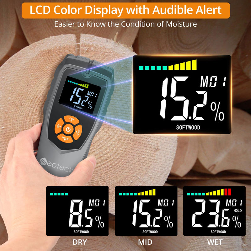 [Australia - AusPower] - Neoteck Pinless Moisture Meter Non-Destructive Wood Moisture Meter Wood Moisture Detector with LCD Display Sound Alarm for Walls, Drywall, Wood, Masonry, Woodworking, Plaster, Floor, Concrete 