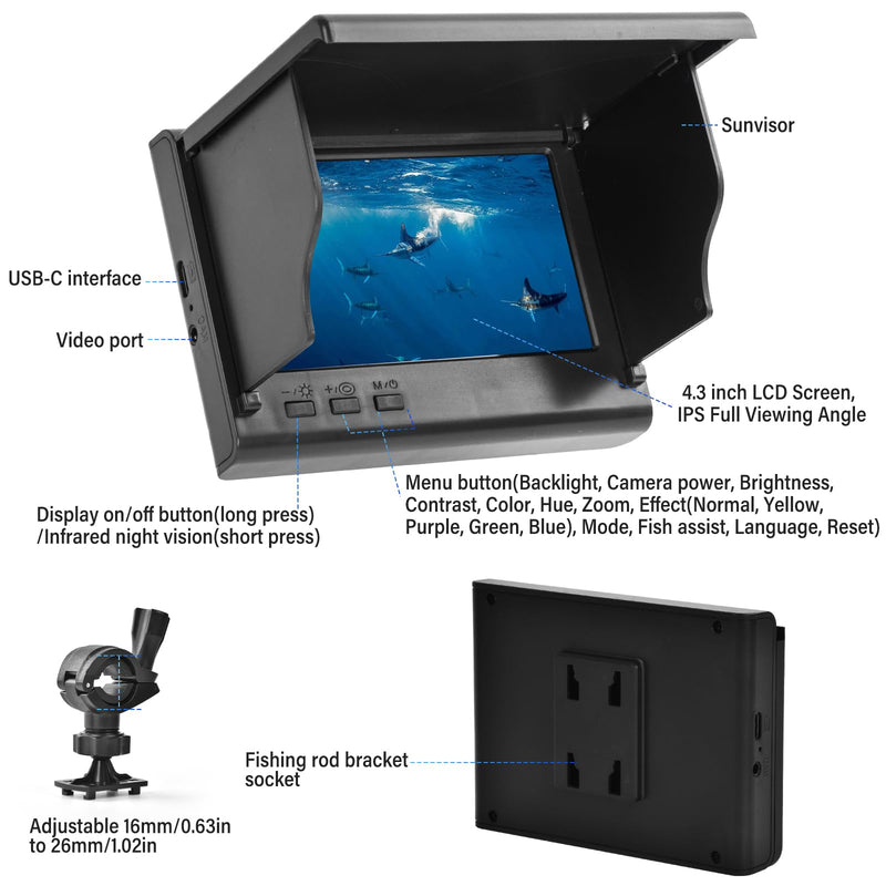 Underwater Fishing Camera, Fish Finder, Infrared Night Vision, Wide Angle, IP65 Waterproof, with 4.3 Inch IPS Display, for Ice, River and Boat (4.3 inch) Blue 4.3 inch