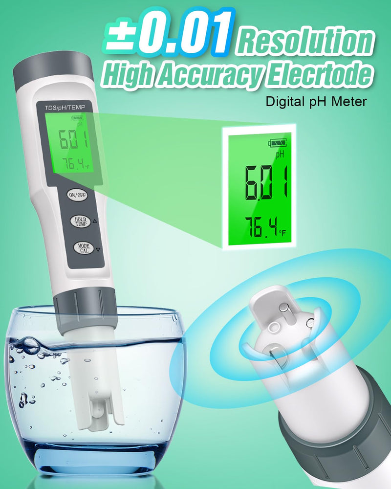[Australia - AusPower] - Digital pH Meter with TDS and Temperature Display, LCD Screen, Water Quality Tester 