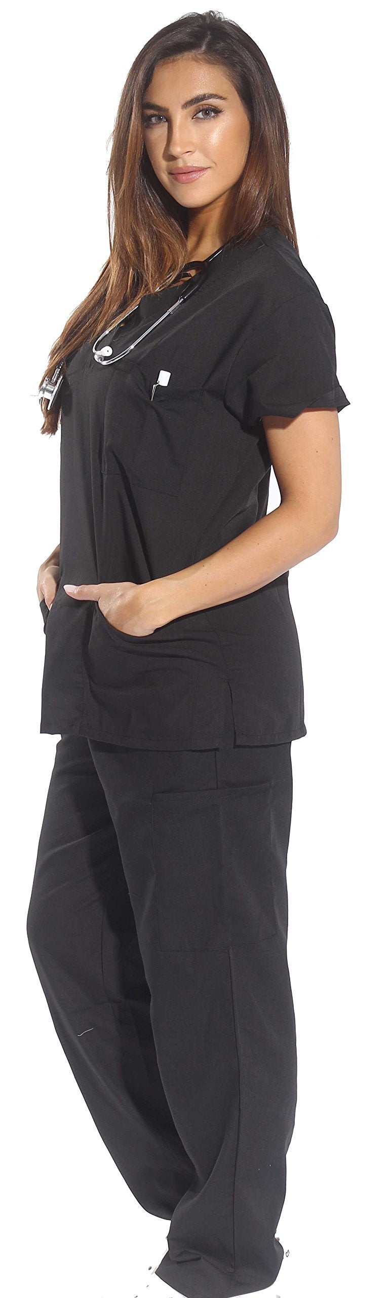 [Australia - AusPower] - Just Love Women's Six Pocket Medical Scrubs Set (V-Neck with Cargo Pant) Medium Black 