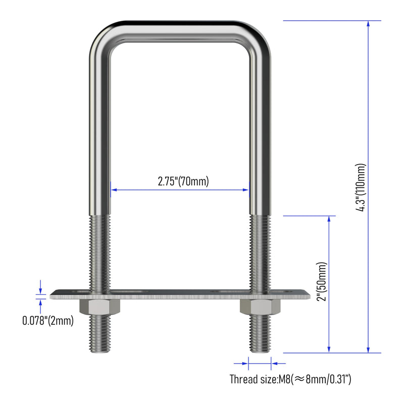[Australia - AusPower] - 2 Sets 304 Stainless Steel Square U-Bolts 2.75"(70mm) Inner Width, 4.33"(110mm) Length Stainless with M8 Nuts, Frame Plate, Accessories for Automobiles Trailer, Boat Trailer Industrial Parts 70X110（W*L） 