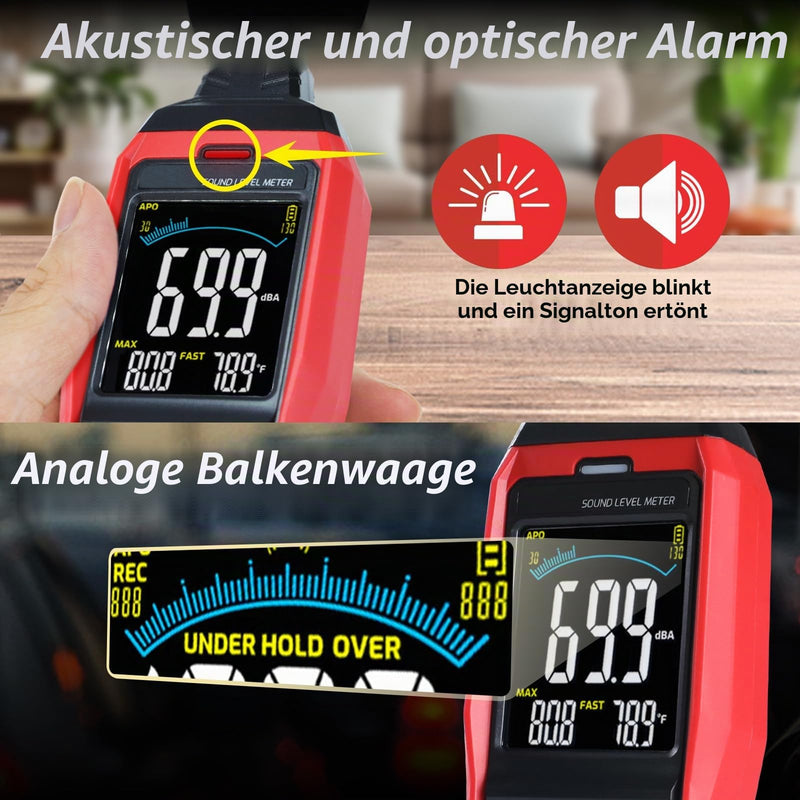 Decibel Meter with Data Logging Sound Decibel Meter Data Logger 30~130dB Sound Level Meter with Acoustic Visual Alarm, Sound Meter with Export Data, PC Connection