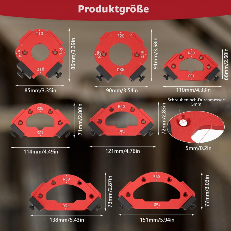 Milling Template Router, 7 Pieces Router Jig Radius Template for Woodworking R10 R15 R20 R25 R30 R35 R40 R50 R60 T10 T20 T30 T35 T40 T50 T60 Aluminum Alloy Corner Radius Template