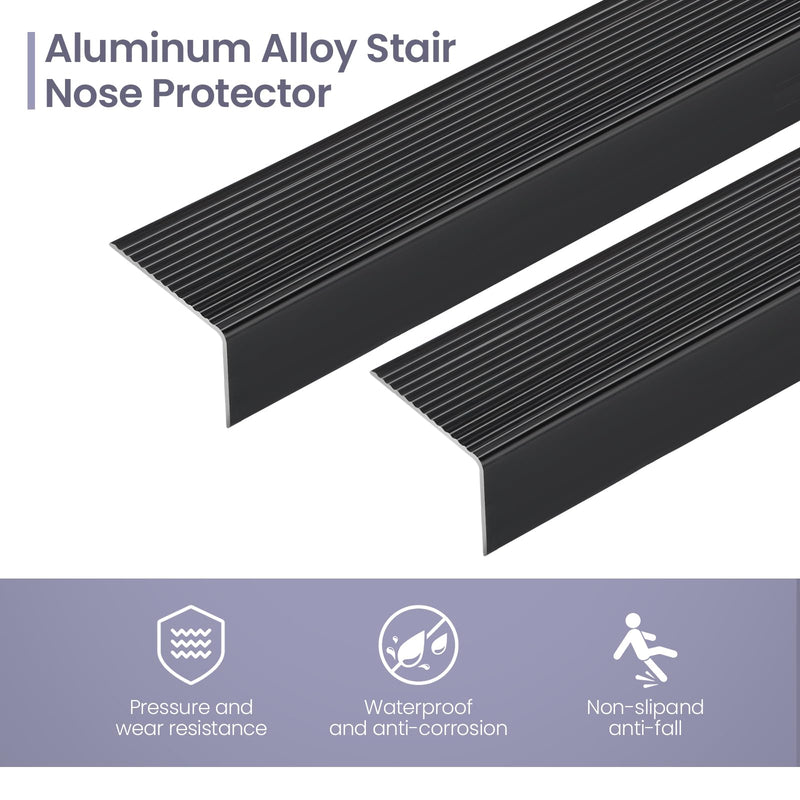Black 48" Metal Stair Nosing, Heavy-Duty Aluminum Self-Adhesive Stair Edge Protector for Indoor/Outdoor Stairs, Non-Slip Tread Cover, L- Molding(48 x 1.2 x 2 in, 2Pcs) 48×2×1.2in