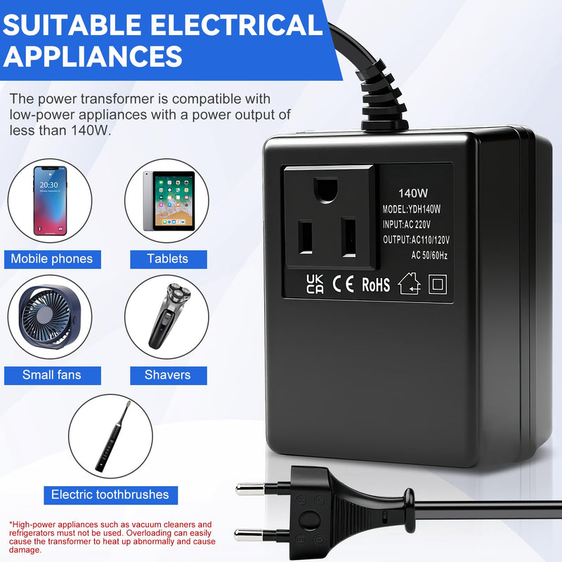Voltage Converter Transformer 220 V to 110 V 140 W Power Adapter Down Power Converter Travel Power Adapter Transformer EU to US Voltage Converter EU Plug