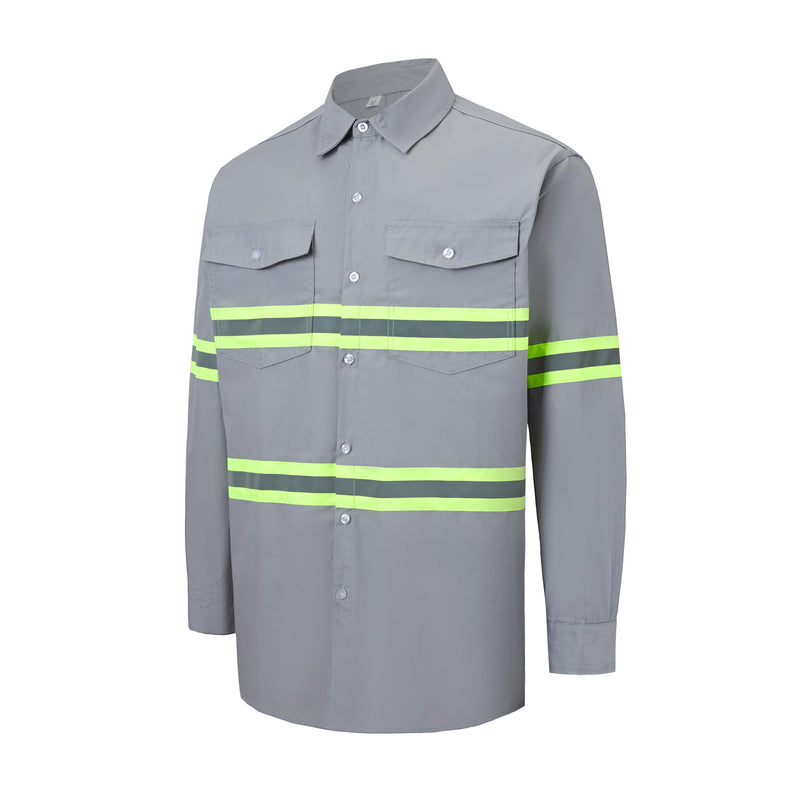 Ousafeve Class 3 Hi Vis Button Up Safety Work Shirts for Men Reflective X-Large Light Gray_long