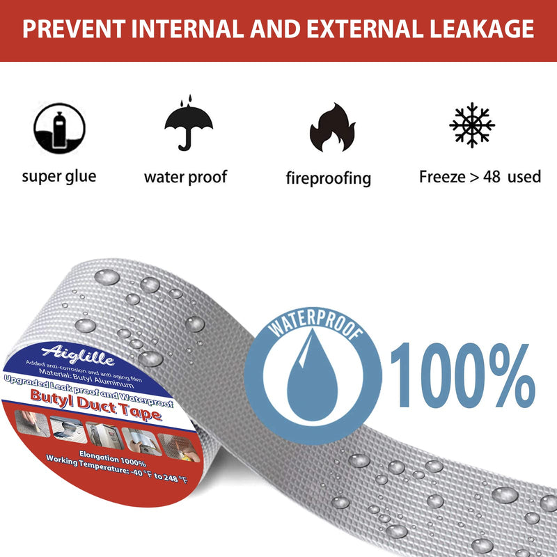 Super Waterproof Tape 2" W X 16'L, Leak Butyl Sealant Tape for Outdoor Use, RV Repair, Boat and Pipe Sealing, Roof Crack, Deck, Pool, Silver 2in W x 16ft L