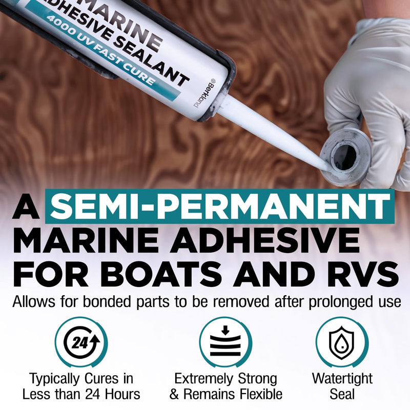 10oz Marine Adhesive Sealant 4000/4200 Fast Cure UV (White) - Semi-Permanent, Flexible Bonding and Sealing - UV Resistant, Above & Below Waterline - Compare to 06560 and 05260 FC M - by Berkland