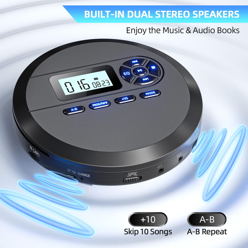 [Australia - AusPower] - CD Player Portable, DESOBRY Portable CD Player with Speakers & FM Transmitter, Compact CD Player for Car Built-in 2000mAh Rechargeable Battery, Walkman CD Player with LCD Screen, Earphones, AUX Cord 