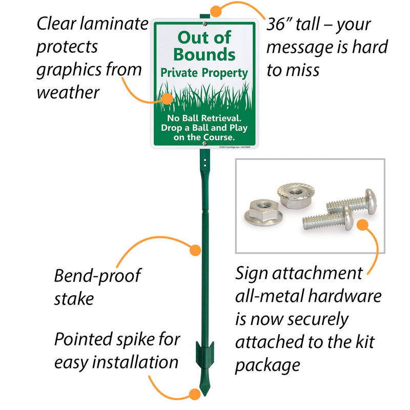 SmartSign 12" x 10" 'Out Of Bounds Private Property No Ball Retrieval Drop Ball And Play On Course' Yard Sign with 3 ft Stake, 40 mil Laminated Aluminum, Green and White, Set of 1