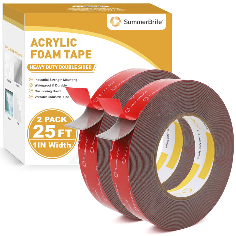 Summerbrite Heavy Duty Double Sided Foam Tape, 1 Inch x 25 Ft (2 Rolls, 50 Ft Total), 0.05 Inch Thick Industrial Grade Waterproof Mounting Tape for Automotive, LED Strip Lights, Home & Office 1INX25FT 2 Pack