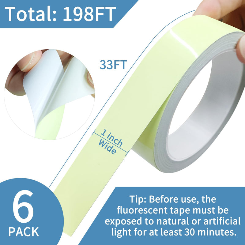 6 Pack Glow in The Dark Tape 33 Ft x 1 inch, Long-Lasting Bright Fluorescent Glow Tape for Christmas Dector, Night Decorations, Safety and Home Marking, Exit Sign, Total 198 Ft 6
