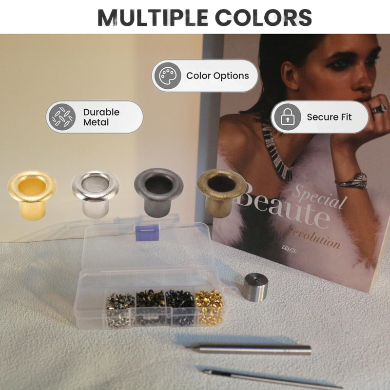 [Australia - AusPower] - Metal Grommet Kit, 800PCS 2mm Mini Grommets Copper Metal Grommet Kit, 4 Colors Eyelets and Leather Grommets Kit with 3pcs Install Tool and Storage Box for Shoes Clothes Bag DIY 