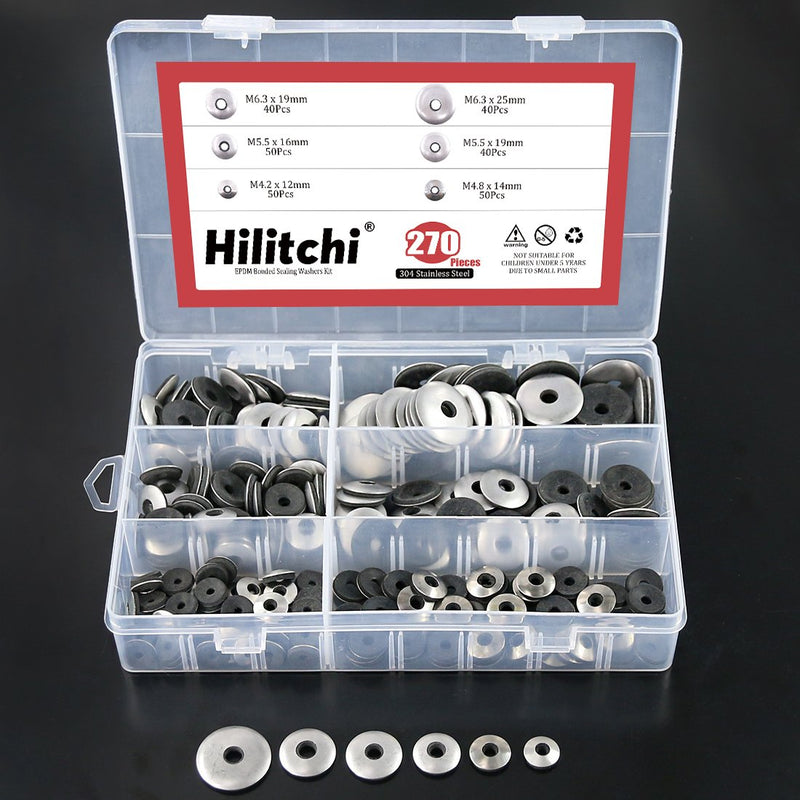 [Australia - AusPower] - Hilitchi 270-Pcs #6#8#10#12 Stainless Steel Neoprene EPDM Bonded Sealing Gasket Washers Assortment Kit 