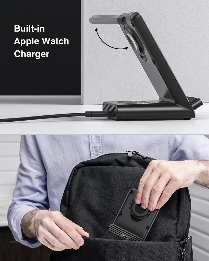 [Australia - AusPower] - Wireless Charging Station,3 in 1 Wireless Charging Stand Made for Apple Watch Ultra 9 8 7 6 SE 5 4 3,Fast Wireless Charger Made for iPhone 15/Plus/Pro Max/14/13/12/11/X,for AirPods Pro(with Adapter) Black 