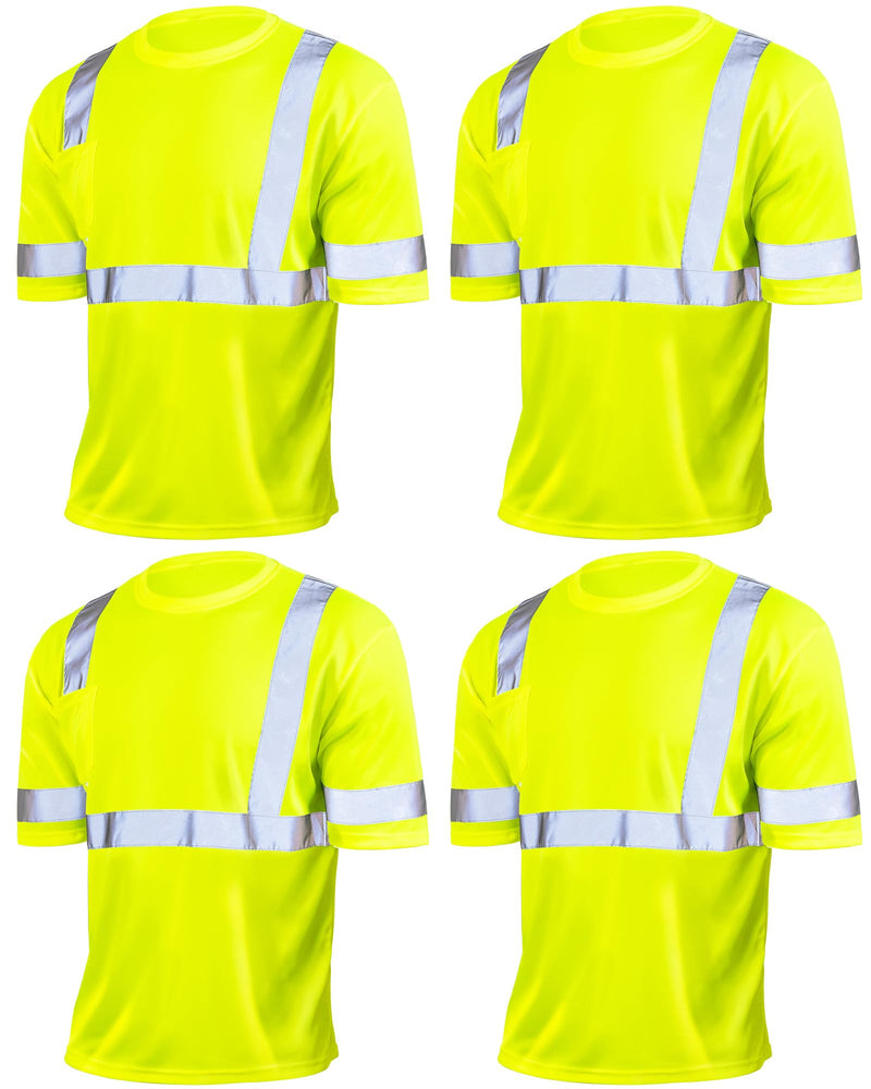 JaGely 4 Pcs Reflective Safety Shirts Short Sleeve High Visibility Hi Vis T-shirts for Construction Work with Front Pocket Medium Yellow