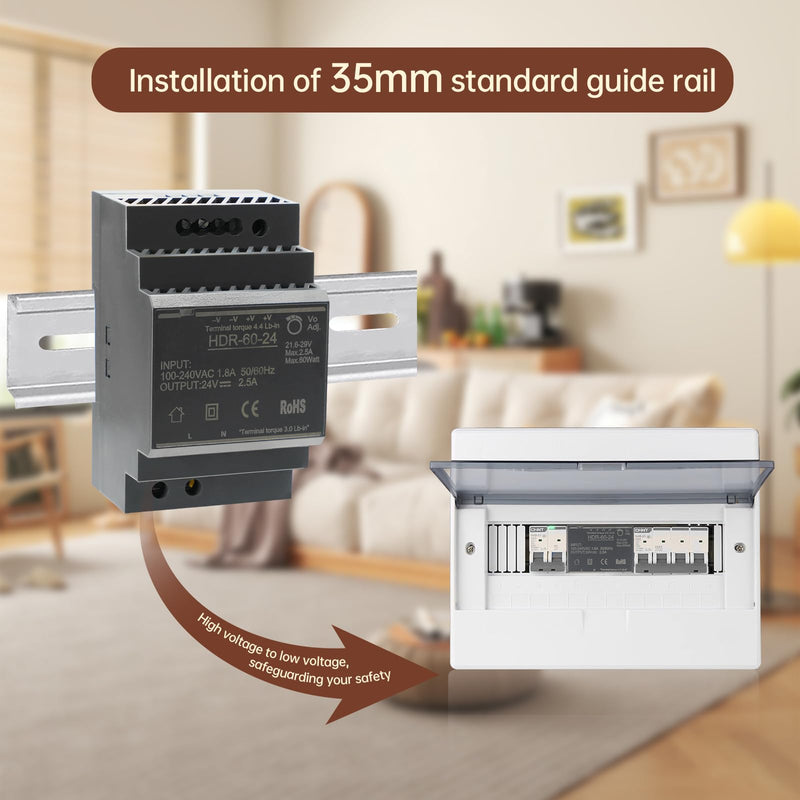 Power Supply for DIN Rail Mounting 24 V 2.5 A 60 W Switching Power Supply Transformer AC to DC for Industrial LED Lighting and Automation HDR-60-24 HDR-60-24 60W