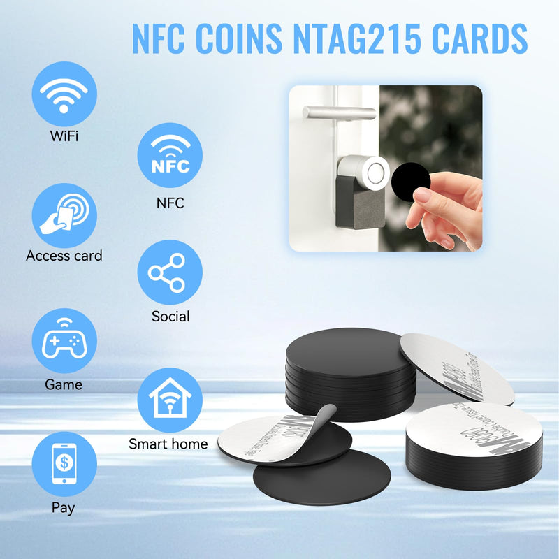 100 Pieces NFC Tags Black NTAG215 NFC 215 Tags NFC Coins Cards Black NFC Stickers Round 13.56MHz NFC Chip with Adhesive Back, Compatible with TagMo and NFC Enabled Phones Black Nfc Coin (With Adhesive) 25mm - 100 pcs