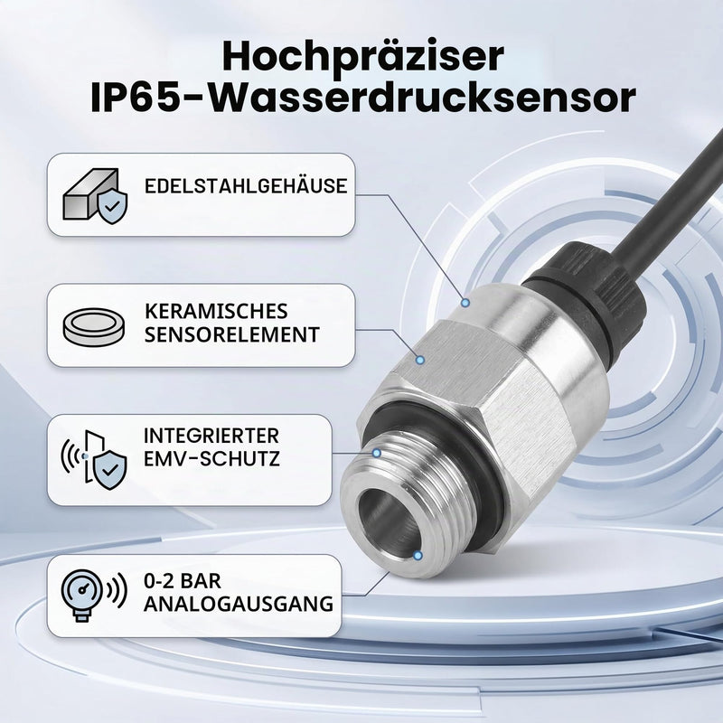 Pressure Sensor 0-2 Bar Analogue Output G3/8 Screw Connection IP65 Stainless Steel 5-32 V DC Piezoresistive Pressure Transmitter for Water Pressure Transmitter Industrial 0~2 BAR