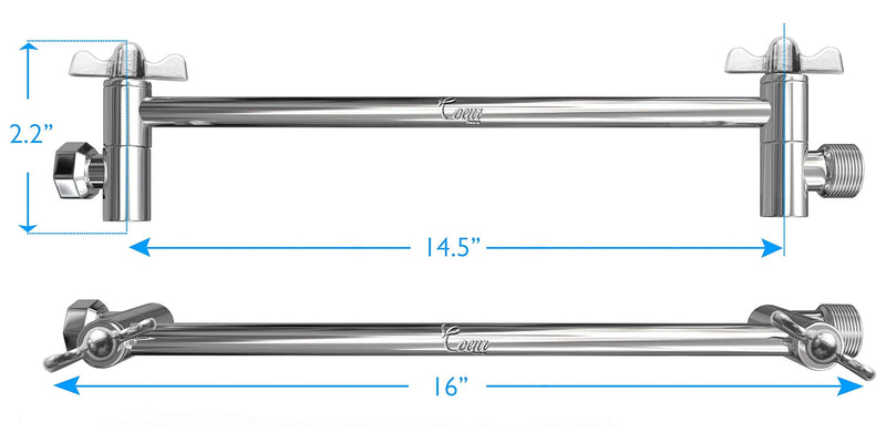 16-Inch Extra Long Shower Extension Arm. Solid Brass. Height/Angle Adjustable With a Unique Locking Gear for a Perfect Position Every time. Holds All Showerhead Sizes. 16 Inch Chrome