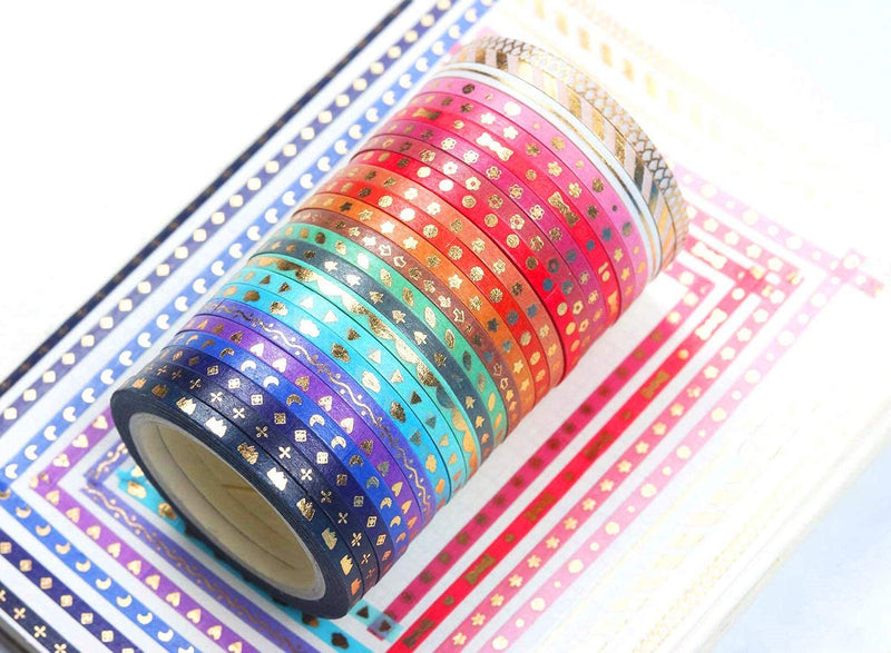 24 Rolls Washi Tape Set Foil Gold Skinny Decorative Masking Tape 3MM Wide Scrapbook Tape for DIY Craft Art Projects Journal Gift Wrapping