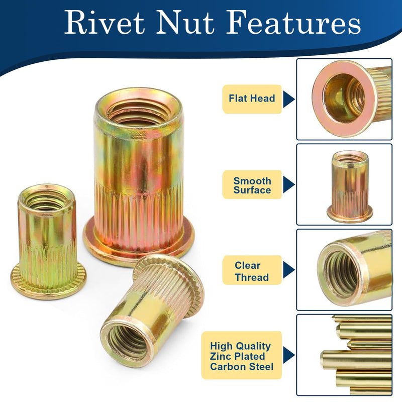 [Australia - AusPower] - 1/4 Rivet Nut, 115Pcs Carbon Steel Zinc Rivet Nuts 1/4-20, 1/4 20 Threaded Insert Rivnut, 1/4 UNC Rivets Nutsert, Flat Head 1/4 x 20 RIV Nuts 1/4''-20 Yellow 