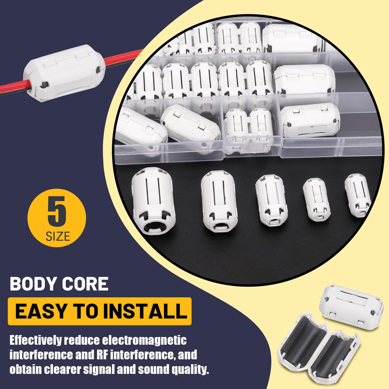 [Australia - AusPower] - 28Pcs 5 Sizes Clip-on Ferrite Ring Core RFI EMI Noise Suppressor Cable Clip for 3.5mm/ 5mm/ 7mm/ 9mm/ 13mm/ Diameter Cable, White 