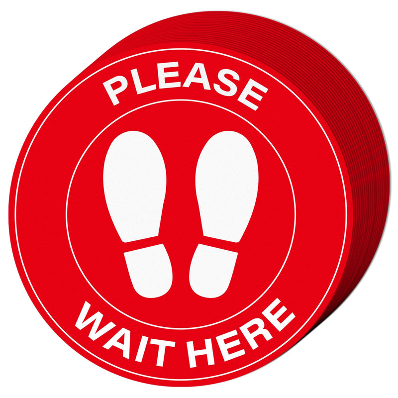 20 Pack Please Wait Here Sign 10 Inch Self Adhesive Waterproof Vinyl Wait Here Floor Stickers for Office Warehouse Classroom Clinic Indoor Outdoor