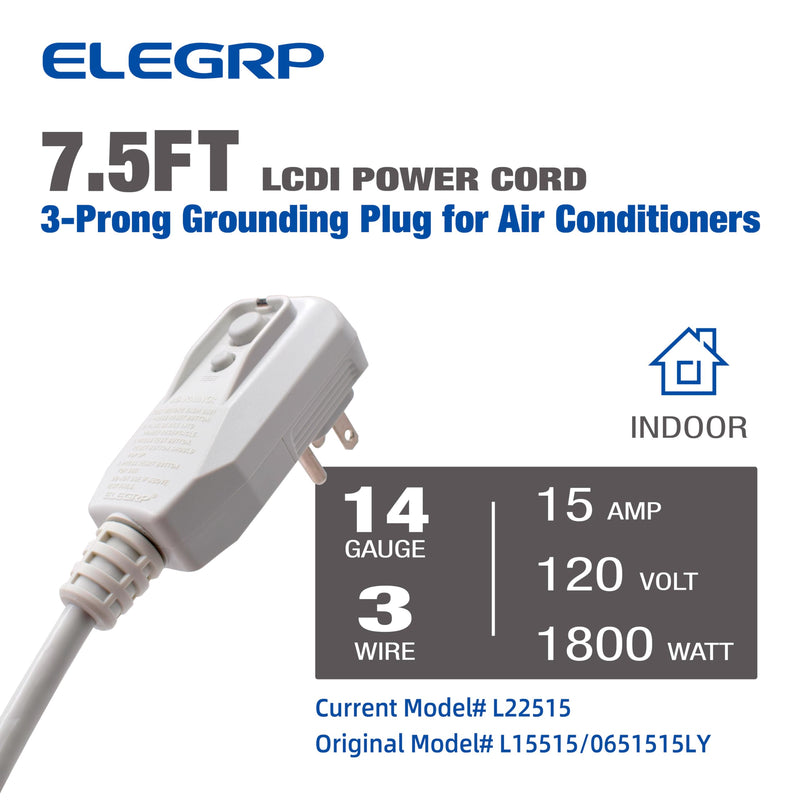 [Australia - AusPower] - ELEGRP 0651515LY L15515 L22515 14AWG LCDI Power Cord Plug for A/C Air Conditioner, E250451 UL Certified, 7.5FT Leakage Current Detection Interrupter Replacement, 120V 15A 1800W 60Hz NEMA 5-15P, 1 Pack 