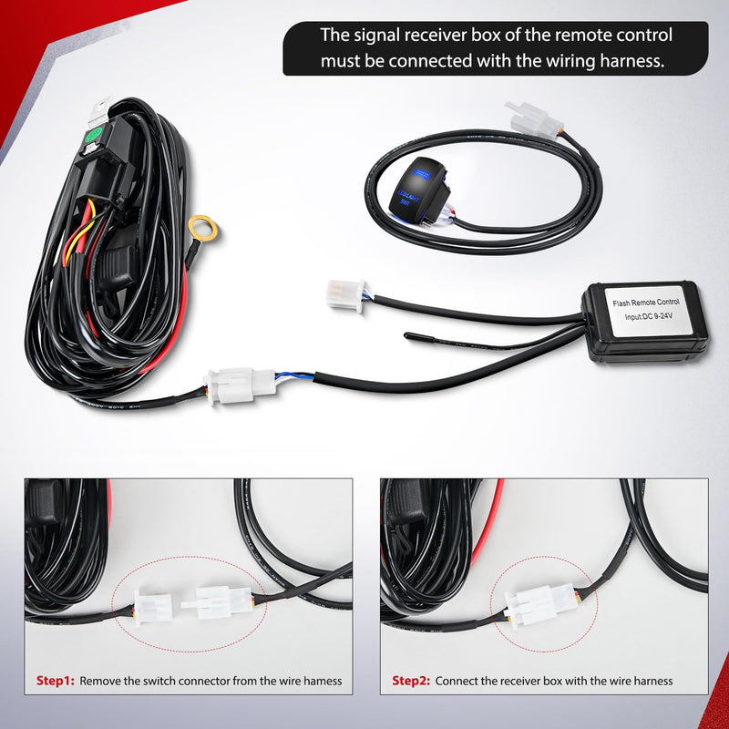 Nilight Remote Wiring Harness for LED Light Bar Wireless Strobe Flash Work Driving Lights 12V 20A 14AWG Controller 5PIN Switch Waterproof Power Relay Blade Fuse-1 Lead 14AWG-1 Lead Remote +Flash +5PIN Switch