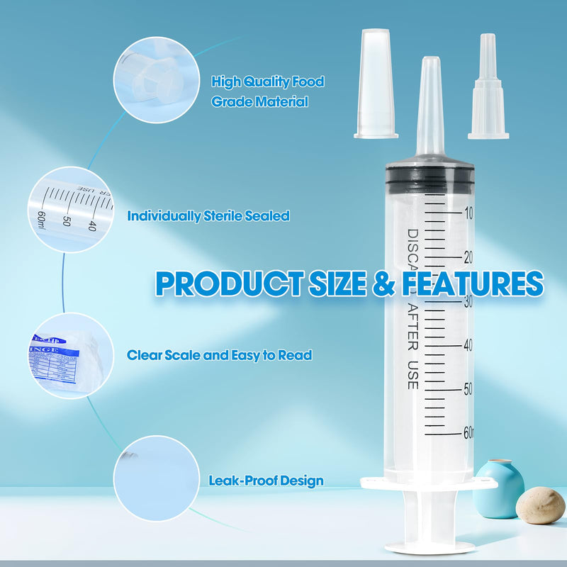 [Australia - AusPower] - 60ml Syringe for Liquid,5 Pack Large Plastic Syringes with Adapters and Cap,Individually Sealed Syringe for Feeding,Irrigation Water and Scientific Labs 60ML 5 
