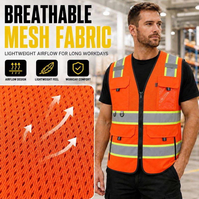 Hi Vis Reflective Safety Vest for Men Women with Pockets Mesh High Visibility Construction Vest,Meet ANSI/ISEA(YW001) Large Orange 1