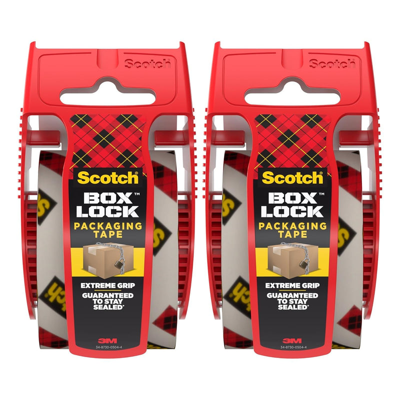 Scotch Box Lock Packaging Tape with Dispenser, 1.88 inch x 800 inch (22.2 yd), 2 Rolls, Clear Heavy Duty Packing/Shipping Tape, Extreme Grip – Sticks Instantly to Any Box for Secure Seal