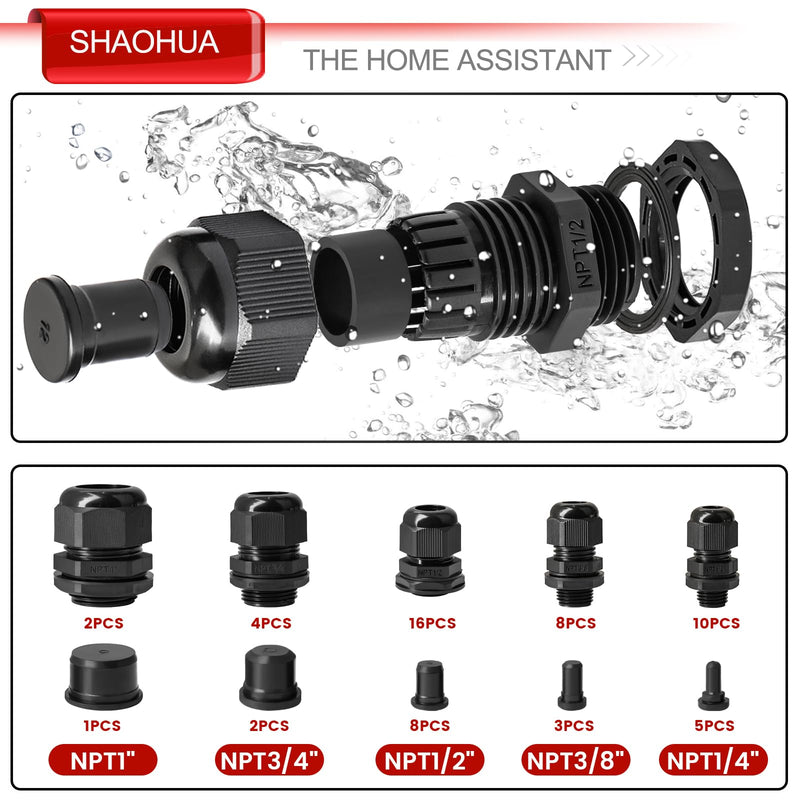 Cable Gland Kits, 40PCS Cord Grip 1/4" 3/8" 1/2" 3/4" 1" NPT Waterproof Cable Pass Through Grip w/19PCS Top Hat Rubber Grommets for Cable Glands, Strain Relief IP68 Waterproof Nylon Cord Connector 59PCS Cable Gland Kits(black)