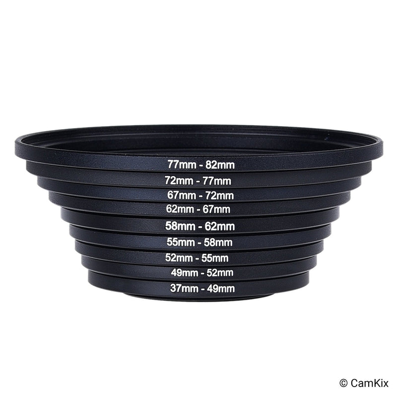 [Australia - AusPower] - Step Up Lens Filter Adapter Rings - Set of 9 - Allows You to Fit Larger Size Lens Filters on a Lens with a Smaller Diameter - Sizes: 37-49, 49-52, 52-55, 55-58, 58-62, 62-67, 67-72, 72-77, 77-82 mm Step Up Lens Filter Adapter Kit - Set of 9 