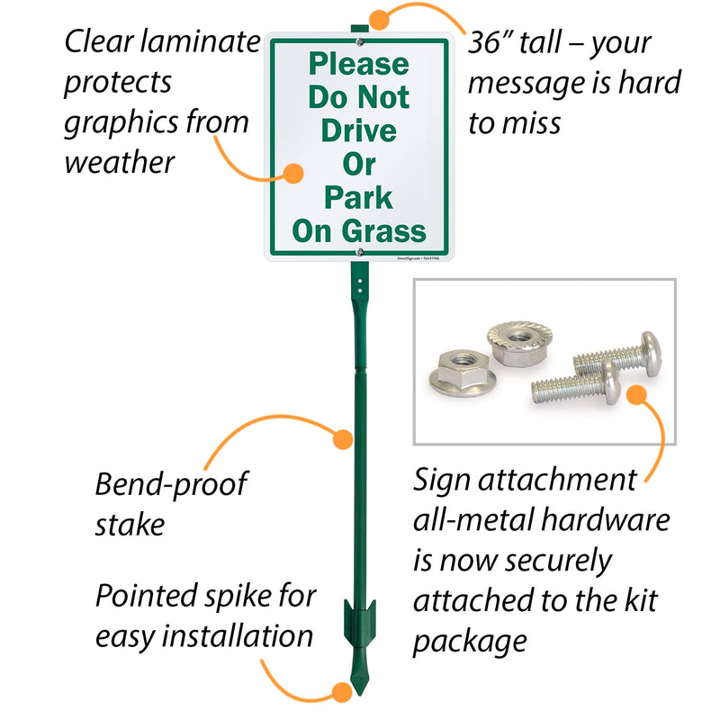 SmartSign 12 x 10 inch “Please Do Not Drive Or Park On Grass” LawnBoss Yard Sign with 3 foot Stake, 40 mil Laminated Rustproof Aluminum, Green and White, Set of 1 10" x 12" Aluminum Sign with 3 Ft Stake