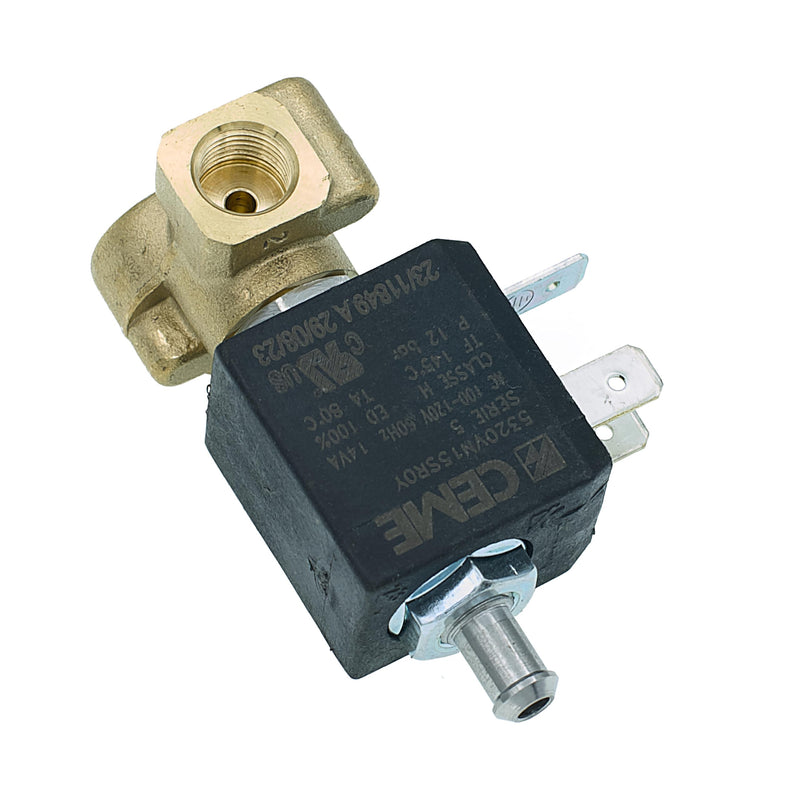 MacMaxe 120V Three-Way Solenoid Valve – Model 5320, 1/8" F x 1/8" F, 7mm Outlet, 12 Bar Max, FKM Seal, 14VA Coil (100/120V 60Hz), Espresso Machine Replacement Part