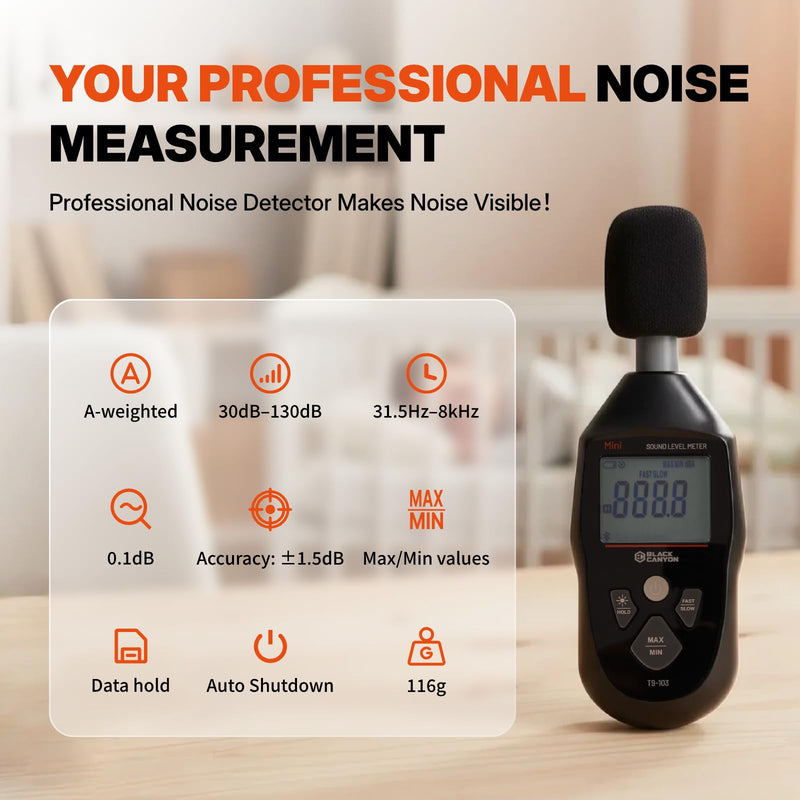 [Australia - AusPower] - BLACK CANYON Sound Level Meter – Digital DB Meter, Sound Decibel Meter, Decibel Reader, Noise Decibel Reader, 30–130dB, 30Hz–8kHz, A-Weighting, Max/Min, Data Hold, Auto Power-Off, LCD Display 