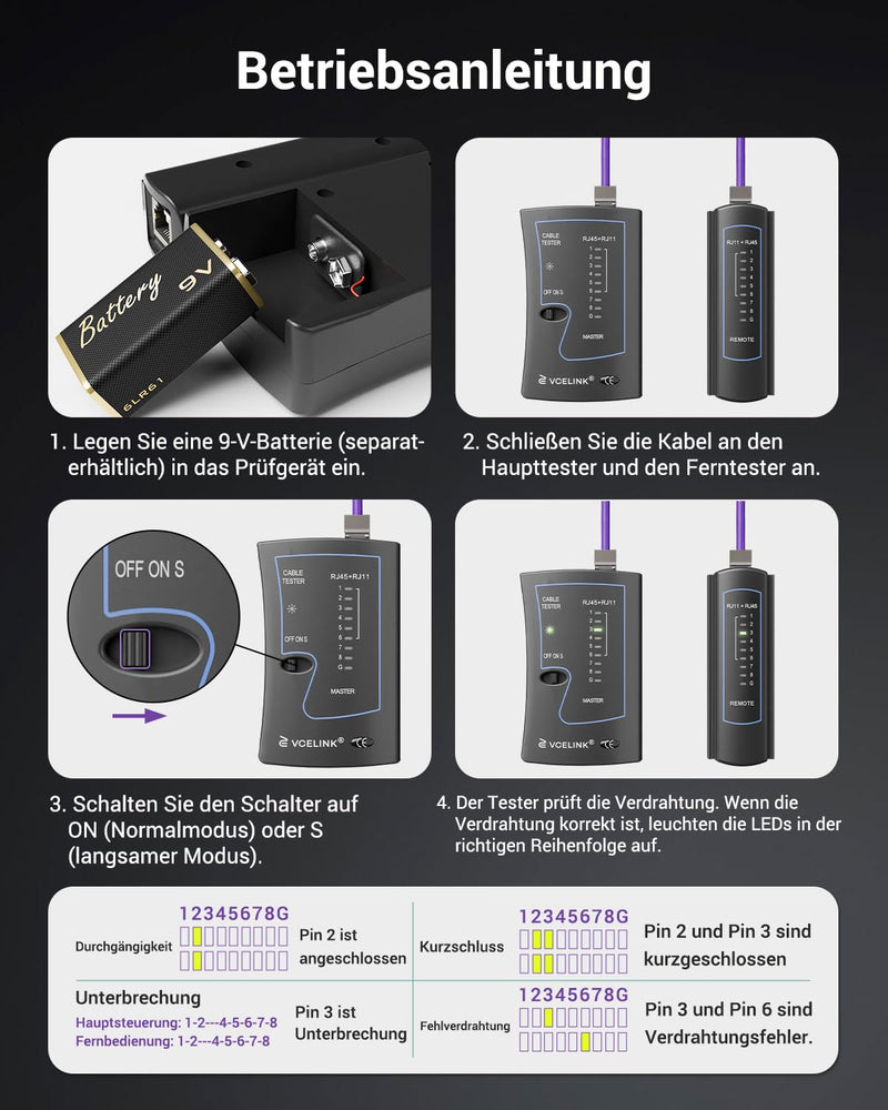 [Australia - AusPower] - VCELINK Kabeltester, Netzwerktester Kabeltester für RJ45 RJ11 Kabel-Patchkabel-Leitungstester, LAN Tester, Telefon Kabelteser, Schwarz 