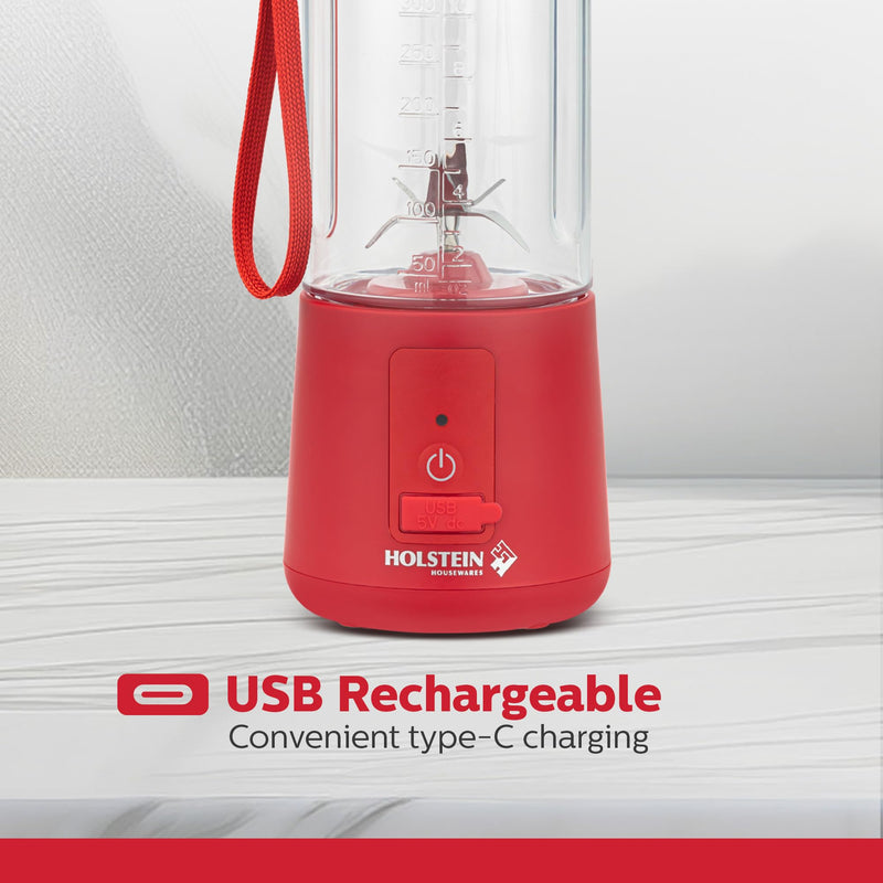 [Australia - AusPower] - Holstein Housewares - USB Portable Blender, 16oz Personal Smoothie & Shake Maker with Rechargeable Battery, Type-C Fast Charging, Spill-Free Lid & Indicator Light - Red 