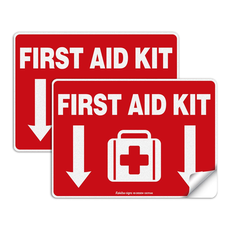First Aid Kit Sticker, First Aid Kit Sticker Decal for Home, Schools and Business, 2 Pack, 10 x 7 inch Self-Adhesive Vinyl Decal Stickers, Reflective, UV Protected, Waterproof