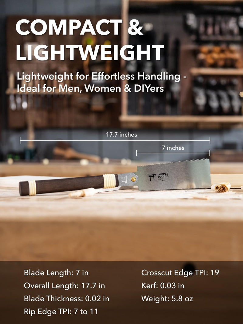 Japanese Pull Saw - 7 Ryoba Hand Saw with Rip-cut and Crosscut - for Dovetails, Tenons, Joinery, Cutting Boards to Length & Width- Temple Tool Co. Japanese Pull Saw 7