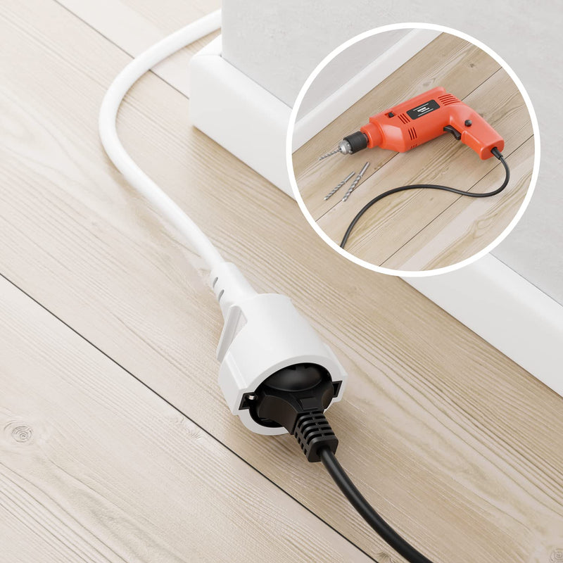 deleyCON 2m Power Cable Extension Cable Flat Connector 3680W - White | Protective contact power cable extension for household, office and multimedia 2 m