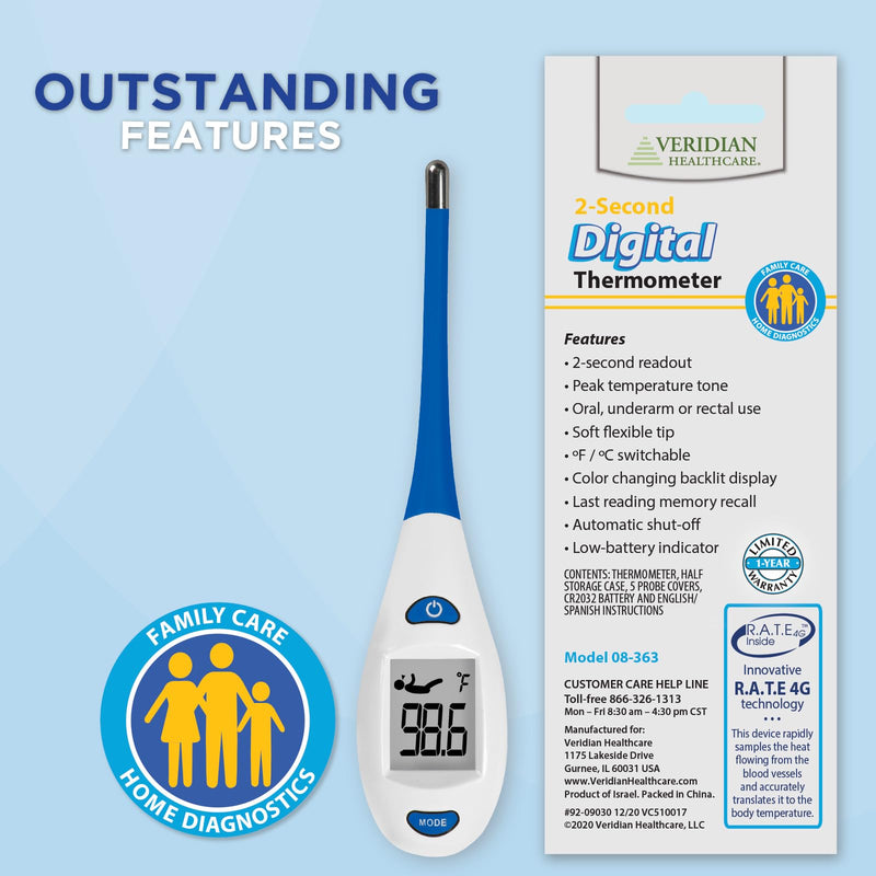 [Australia - AusPower] - Veridian Digital Thermometer | 2-Second Readout | Rate Rapid Read Technology| Flexible Tip | Hygienic Water-Resistant Easy Cleaning | Storage Case + Instructions Included 