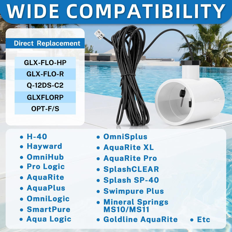 [Australia - AusPower] - Upgraded GLX-FLO-RP Flow Switch Fit for Hayward Goldline Aquarite Salt System, Metal Pool Water Flow Sensor for Hayward Salt Cell and Chlorine Generator with w/Tee and 15ft Cable 